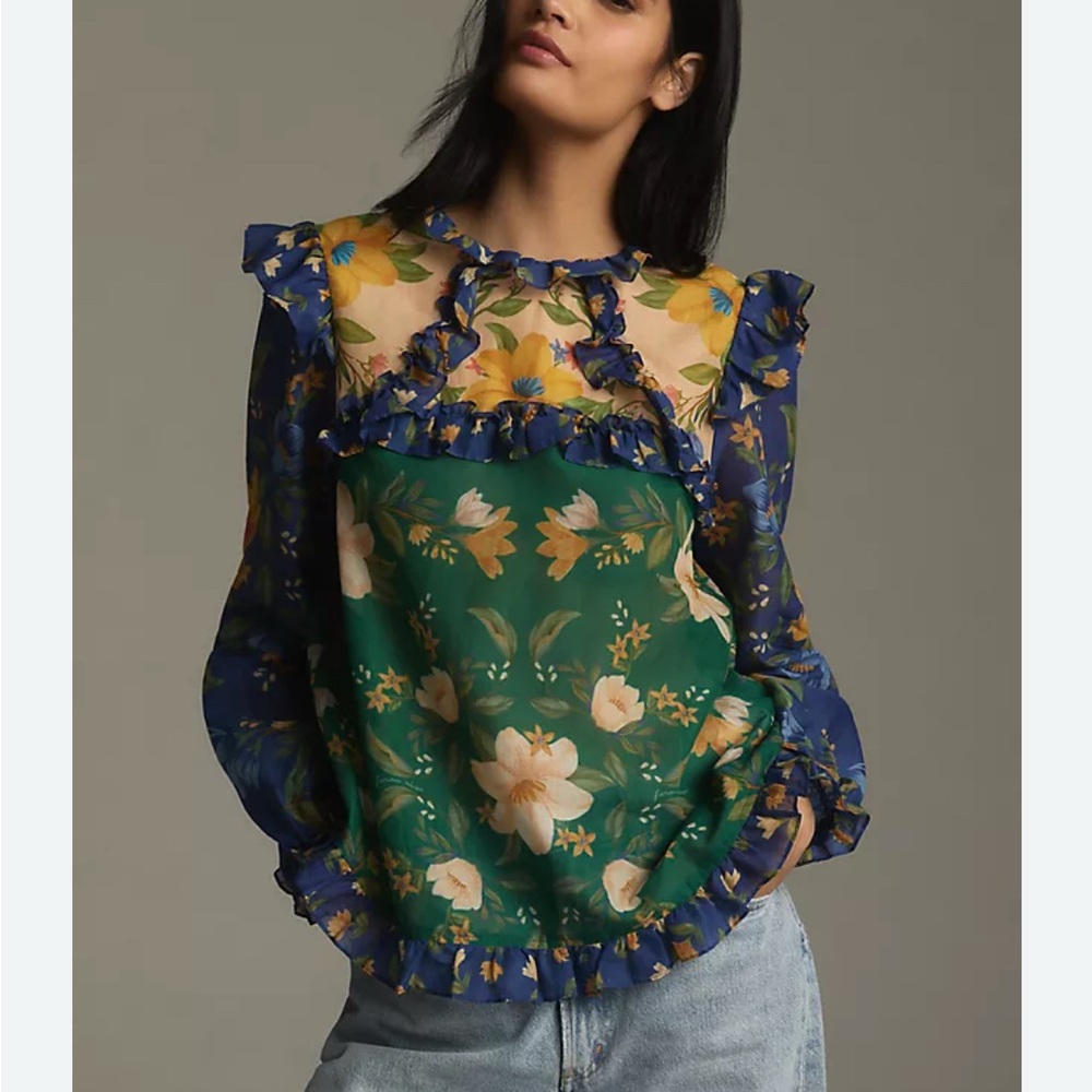 Floral Ruffle Blouse with Green and Blue Accents